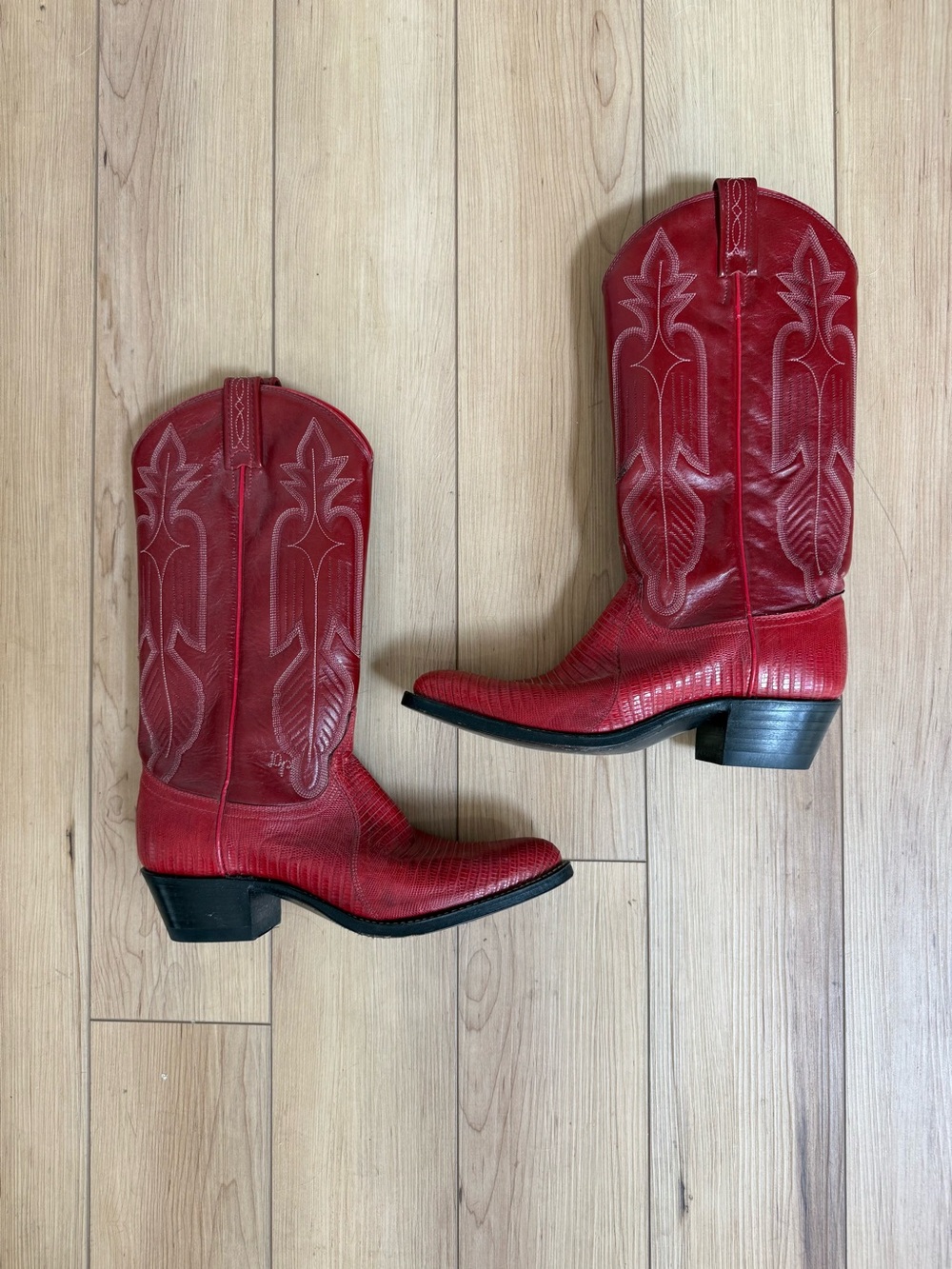 Vintage Red Leather & Lizard Dan Post Cowgirl Boots